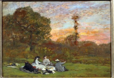 芝生の上の朝食」 ウジェーヌ・ルイ・ブダン（1824-1898）の絵画 1866年 日。0.17x0.25 m パリ、オルセー美術館 作： Eugene Louis Boudin