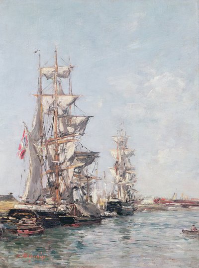 ドーヴィル港の岸壁にある3本マストのボート、c.1888-89 作： Eugene Louis Boudin