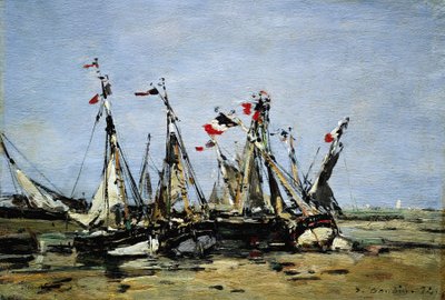 1789年のフランス革命を記念し、フランス国旗で飾られた浜辺の漁船。 作： Eugene Louis Boudin