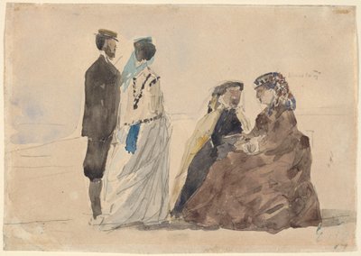 着席する 2 人の女性と浜辺を歩くカップル、c. 1866年。 作： Eugene Louis Boudin