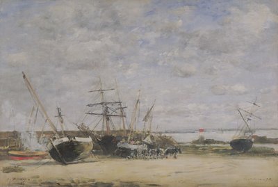 海岸線の船と馬 作： Eugene Louis Boudin