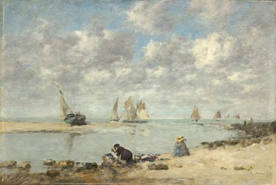 Trouville近くのWasherwoman、c.1872-6（木の油） 作： Eugene Louis Boudin
