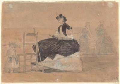 トルヴィルの浜辺でクリノリンを着た女性、c. 1865年。 作： Eugene Louis Boudin