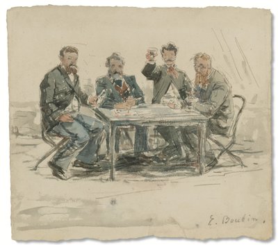 サン シメオン農場で (ジョンキンド、エミール ヴァン マルケ、クロード モネ、「アシャール神父」)、c. 1867年（紙に水彩と鉛筆） 作： Eugene Louis Boudin