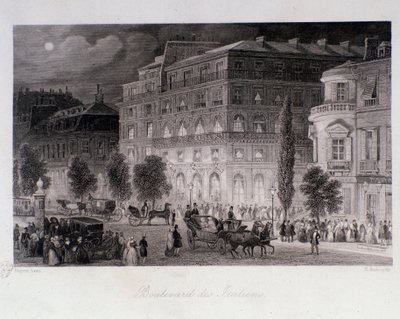 パリのイタリア街道の劇場周辺のアニメーション。ユージン・ルイ・ラミ（1800-1890）によるエングレーヴィング 1843年 個人蔵 作： Eugene Louis Lami