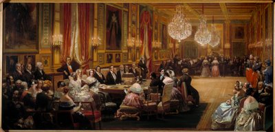 オーベールは、ルイ・フィリップ1世（1773-1850）、王室、ヴィクトリア女王、アルバート公の前でオペラ・コミックの歌手たちを指揮している。ウジェーヌ・ルイ・ラミ（1800-1890）による絵画 1844年 日0,83x1,72 m 作： Eugene Louis Lami