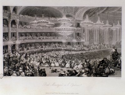 パリ・オペラ座で開催された舞踏会の仮面。ウジェーヌ・ルイ・ラミ（1800-1890）によるエングレーヴィング 1843年 個人蔵 作： Eugene Louis Lami
