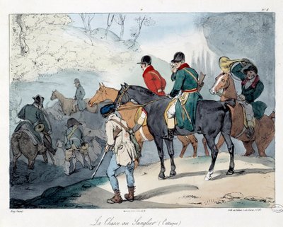 イノシシ狩り。書籍「La vie de chateau」の挿絵。ウジェーヌ・ルイ・ラミ（1800-1890）のエングレーヴィング 作： Eugene Louis Lami