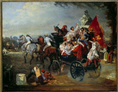 1834年のパリ、コンコルド広場のカーニバル風景。ウジェーヌ・ルイ・ラミ（1800-1890）の絵画 作： Eugene Louis Lami