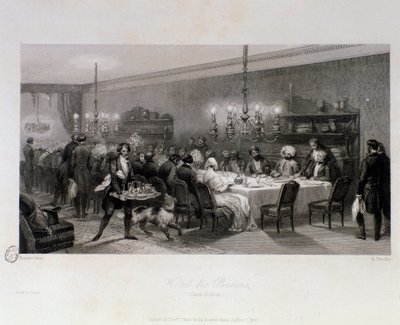 パリのテーブル・ドート「ホテル・デ・プランス」でのディナー。ウジェーヌ・ルイ・ラミ（1800-1890）によるエングレーヴィング 1843年 個人蔵 作： Eugene Louis Lami