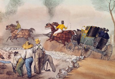 埃を被った通行人 ワーカーが路上に投じている。ユージン・ルイ・ラミ（1800-1890）によるリトグラフ 19世紀 パリ、カルナヴァレ美術館 作： Eugene Louis Lami