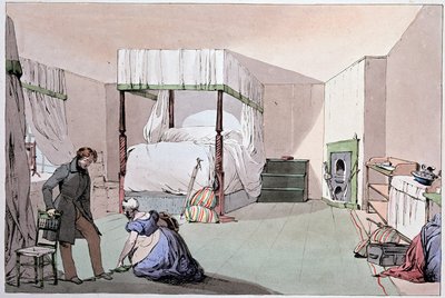 ホステル：客が靴を履くのを手伝う使用人。ユージン・ルイ・ラミ（1800-1890）のイラスト、19世紀半ば 作： Eugene Louis Lami