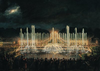 1864年8月21日、プリンスフランシスコデアッシジデブルボンを称えるバッサンドネプチューンのイルミネーション付き噴水ディスプレイ 作： Eugene Louis Lami