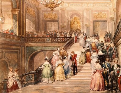 国王ルイ・フィリップ1世（1773 - 1850）と王妃マリー・アメリ・ド・ブルボン（1782 - 1866）は、1837年のヴェルサイユ宮殿美術館の落成式の際に来賓を迎えた。ウジェーヌ・ラミ（1800 - 1890）によるイラスト。 作： Eugene Louis Lami