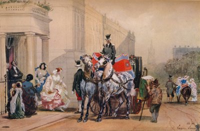 19世紀のベルグレイブ広場で馬車に入る女性 作： Eugene Louis Lami