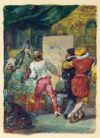 Le Sicilien ou L&39;Amour Peintre、モリエール後（Act IV、Scene XII）（鉛筆、水彩、ガッシュ） 作： Eugene Louis Lami