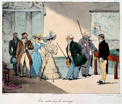 お城での生活：近隣への訪問。ユージン・ルイ・ラミ（1800-1890）のデッサンのリトグラフ 1828年 パリ、カルナヴァレ美術館 作： Eugene Louis Lami