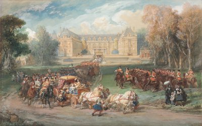 ヴェルサイユ公園で馬車を運転するルイ14世 作： Eugene Louis Lami