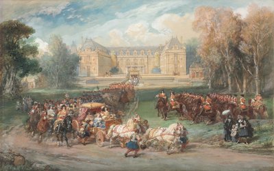 ヴェルサイユ公園で馬車を運転するルイ14世 作： Eugene Louis Lami