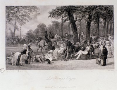 パリのシャンゼリゼ通り(Champs-Elysees)を歩く乗客と歩行者。ユージン・ルイ・ラミ（1800-1890）によるエングレーヴィング 1841年 個人蔵 作： Eugene Louis Lami