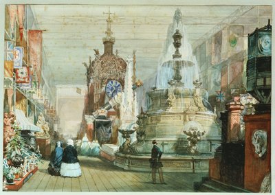 1851年にクリスタルパレスで開催されたグレートエキシビションのイギリススタンド。ミントンスタンドが右側にあります。 作： Eugene Louis Lami