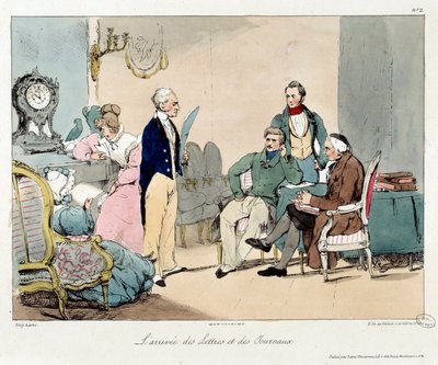手紙や新聞の到着。書籍「La vie de chateau」の挿絵。ウジェーヌ・ルイ・ラミ（1800-1890）のエングレーヴィング 作： Eugene Louis Lami