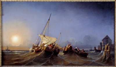 夕日に照らされた漁師たちの帰還 ウジェーヌ・ルポワトヴァン（1806-1870）の絵画 1835年 ブレスト、Musee des Beaux Arts 作： Eugene Modeste Edmond Lepoittevin