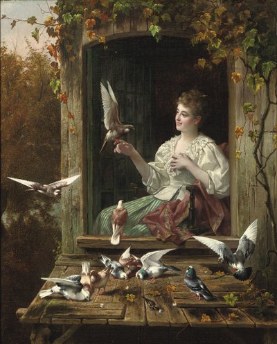 鳥に餌をやる（キャンバスに油彩） 作： Eugene Remy and Portielje Jan Maes