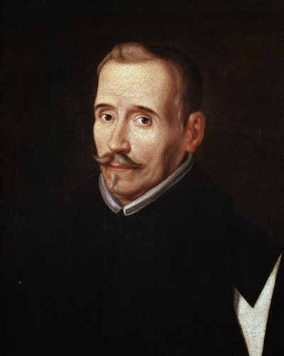スペインの劇作家・詩人であるフェリックス・ロペ・デ・ベガ・イ・カルピオ（1562-1635）の肖像。17世紀に描かれたエウジェニオ・カクセス派の無名の絵画。キャンバスに油彩、詳細。マドリードラザロ・ガルディアーノ財団 作： Eugenio (attr. to) Caxes