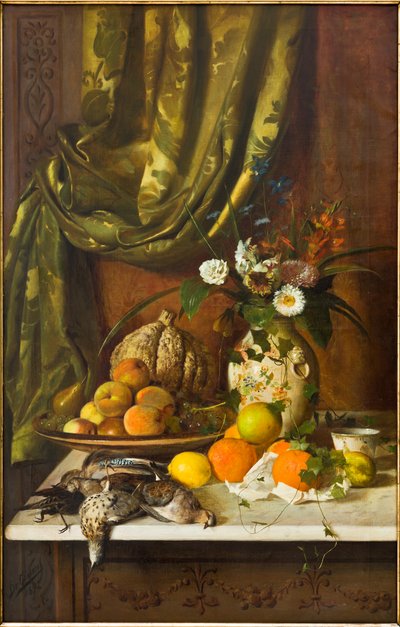 花、果物、ジビエ (キャンバスに油彩) 作： Eugenio De Giacomi