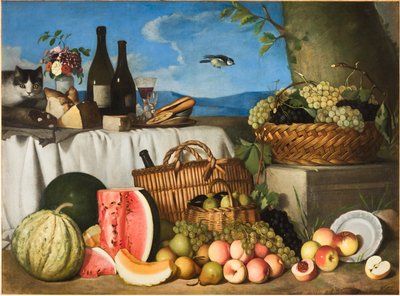 猫と鳥のある静物（キャンバスに油彩） 作： Eugenio De Giacomi