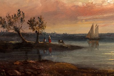 漁師と架空の城のある河口の眺め 作： Eugenio Luca y Velasquez