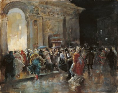仮面舞踏会の夜に劇場に到着 - Lucas Villaamil、Eugenio (1858-1919) - c. 1895年 - 木に油彩 - 31x40 - カルメン・ティッセン美術館、マラガ 作： Eugenio Lucas Villaamil