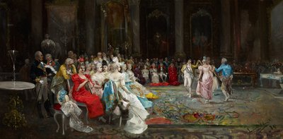 宮殿でのダンス - ルーカス ヴィラアミル、エウジェニオ (1858-1919) - 1894 - キャンバスに油彩 - 55x110 - カルメン ティッセン美術館、マラガ 作： Eugenio Lucas Villaamil