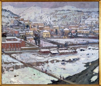 イタリア、雪の下のジェネスの眺め（イタリア、雪の下のジェノバの眺め） エウジェニオ・オリヴァーリ（1882-1917）の絵画 薄さ73x85cm ジェネス、Galleria d