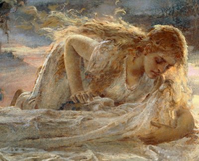 十字架から降ろされたキリストの足にキスをするマグダラの女（「Christ and Mary Magdalene」より）。 作： Eugenio Prati