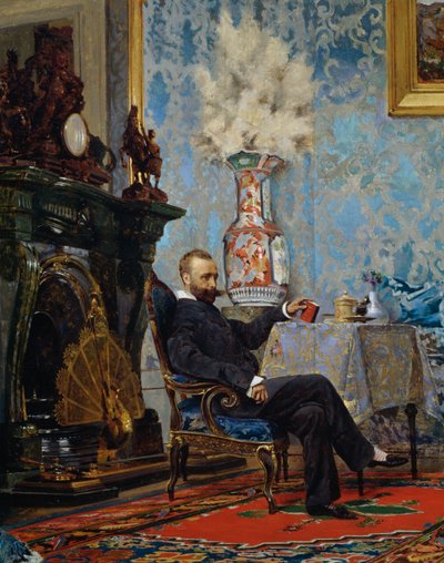 リビングルームに座るピーター・ファブリチ、ファブリチ家の詳細、1880年頃、ユージーン・スコパリーニ作（1845-1913）、キャンバスに油彩、68x187 cm、イタリア 作： Eugenio Scomparini