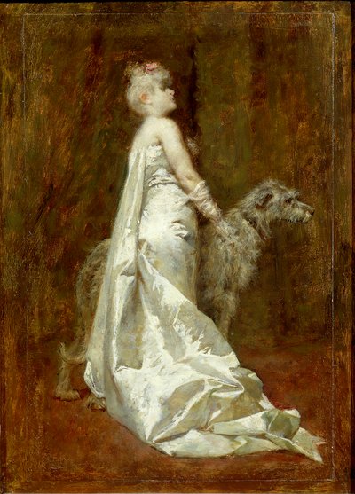 エウジェニオ・スコパリーニの白いドレスと犬 作： Eugenio Scomparini