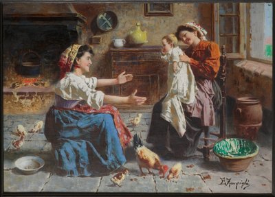 二人の女子会と赤ん坊（キャンバスに油彩） 作： Eugenio Zampighi