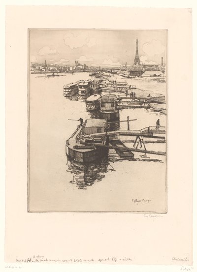 バック グラウンドでエッフェル塔とパリの乗合バス ボートで岸壁 作： Eugène Bejot (signed by artist)