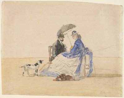 2 匹の犬とビーチに座っているカップル 作： Eugène Boudin