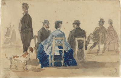 犬と一緒にビーチに座っている紳士淑女 作： Eugène Boudin