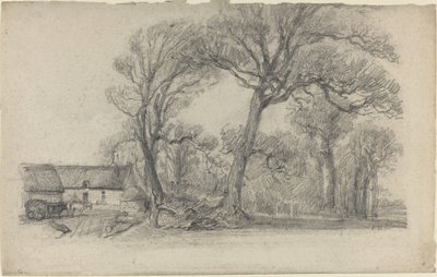 木、コテージ、農場のワゴンのある風景 作： Eugène Boudin