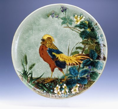黄金のキジを描いた大型のエミールディフロス釉薬器。 作： Eugène Carrière