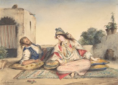 テラスでのモロッコ人カップル、1832年。 作： Eugène Delacroix