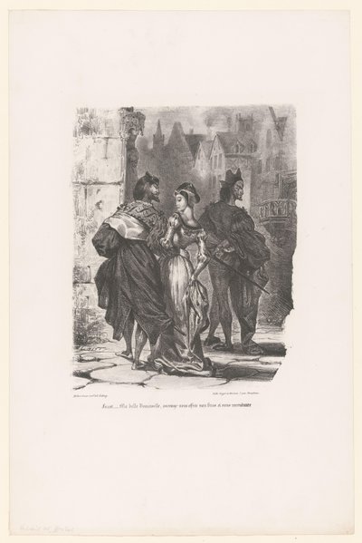 Faust probeert Grietje te verleiden ファウスト: 美しいお嬢様、腕を差し出して、家まで送ってくれませんか? (オブジェクトのタイトル) ファウスト（シリーズタイトル） M.ド・ゲーテによるファウスト、悲劇（シリーズタイトル） 作： Eugène Delacroix