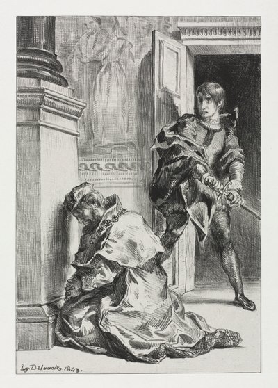 ハムレット：王を殺そうとするハムレット 作： Eugène Delacroix