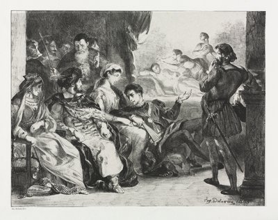 ハムレット: ハムレットは俳優たちに父親の中毒のシーンを演じるように命じる 作： Eugène Delacroix