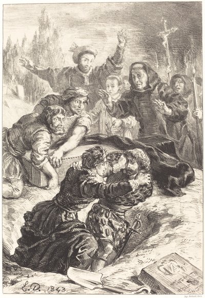 オフィーリアの墓でのハムレットとレアティーズ、第5幕第1場、1843年。 作： Eugène Delacroix