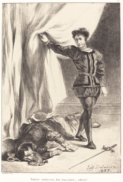 ハムレットとポローニアスの死体 (第 3 幕、第 4 場) 作： Eugène Delacroix